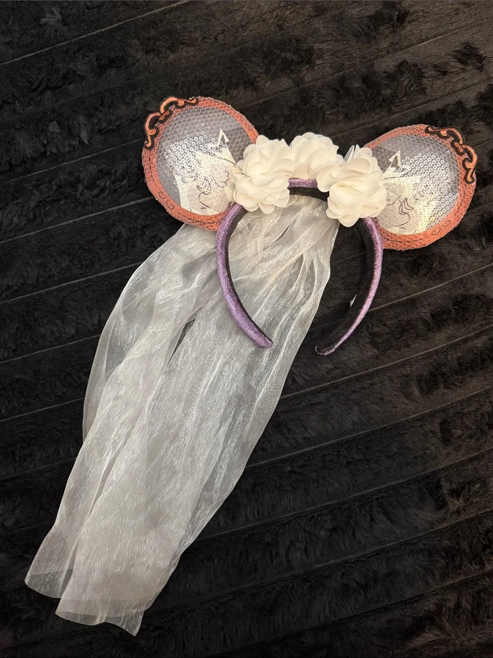 Disney Sequin Ear Headband with White Flowers and Sheer Veil